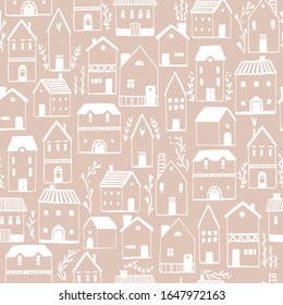 Scandinavian houses seamless pattern. Vector hand-drawn illustration of a building in a simple childish cartoon style. Cute sketch drawing in white on a light beige background.