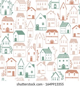 Skandinavische Häuser nahtlos Muster. Vektorillustration handgezeichnete Illustration eines Gebäudes in einem einfachen kindischen Cartoon-Stil. Cute Skizze in einer begrenzten pastellfarbenen Palette auf weißem Hintergrund.