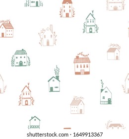 Scandinavian houses seamless pattern. Vector hand-drawn illustration of a building in a simple childish cartoon style. Cute sketch drawing in a limited pastel palette on a white background.
