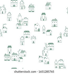 Scandinavian houses seamless pattern. Vector hand-drawn illustration of a building in a simple childish cartoon style. Cute sketch drawing pastel green on a white background.