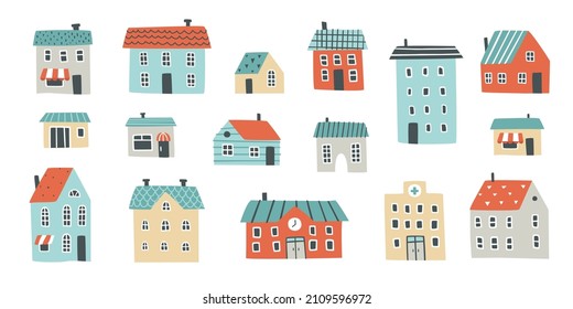 Scandinavian houses set. Childish doodle building collection. Bundle of baby cartoon architecture.