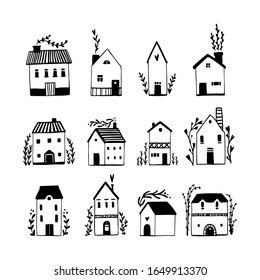 Scandinavian houses set  Vector hand  drawn illustration buildings in simple childish cartoon style  Cute isolated black   white sketch drawing 