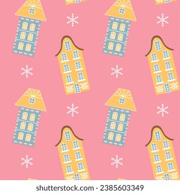 Scandinavian houses and snowflakes pink seamless pattern. Perfect for cards, invitations, wallpaper, banners, kindergarten, baby shower, children room decoration.