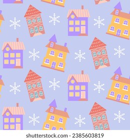 Scandinavian houses and snowflakes seamless pattern. Perfect for cards, invitations, wallpaper, banners, kindergarten, baby shower, children room decoration.