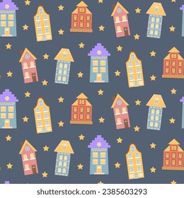 Scandinavian houses and stars seamless pattern. Perfect for cards, invitations, wallpaper, banners, kindergarten, baby shower, children room decoration.