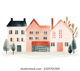 Scandinavian houses and trees. European street. Cute Scandi watercolor homes. Childish vector illustration