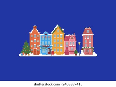 Scandinavian houses vector flat illustration. New Year and Merry Christmas invitation. Winter season home decoration. Nordic architecture with snow. Cartoon European city. Card's design for holiday