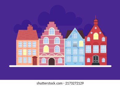 Scandinavian houses. View at night. Vector illustration.