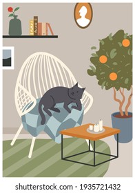 Scandinavian hygge cozy interior with armchair, cute cat sleeping in chair of living room