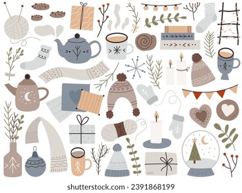Scandinavian hygge cozy winter and Christmas holiday elements isolated set on white background. Folk traditional warm clothes, hot drinks, decoration and interior design items vector illustration