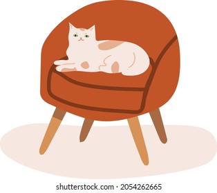 Skandinavisches HüttenInterieur mit Katze. Komfortable Möbelstuhl und hausgemachte Dekoration. Gemütliches Wohnzimmer oder Wohnungen mit grauem Kater liegen auf einem Stuhl. Cute lustiger Druck für Poster, Grußkarte