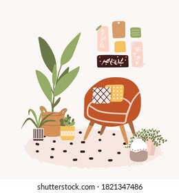 Scandinavian hygge style interior with cat. Comfy furniture and home decorations set. Cozy living room or apartments with armchair, plant, lamp, carpet, home elements. Flat vector illustration bundle