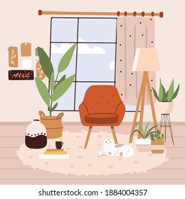 Scandinavian hygge style interior with cat. Comfy furniture and home decorations set. Cozy living room or apartments with wardrobe, plant, vase, carpet, home elements. Flat vector illustration bundle