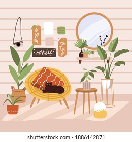 Scandinavian hygge style interior with cat. Comfy furniture and home decorations set. Cozy living room or apartments with wardrobe, plant, vase, carpet, home elements. Flat vector illustration bundle