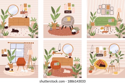 Scandinavian hygge style interior with cat. Comfy furniture and home decorations set. Cozy living room or apartments with armchair, plant, lamp, carpet, home elements. Flat vector illustration bundle