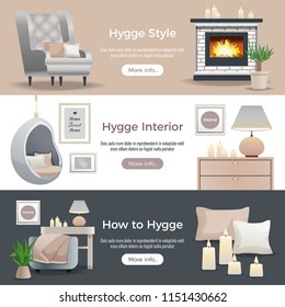 Scandinavian hygge style interior design 3 horizontal website banners with fireplace reading nooks candles pillows vector illustration 