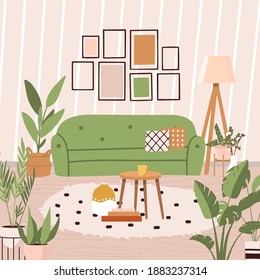 Scandinavian hygge style interior poster. Comfy furniture and home decorations set. Cozy living room or apartments with wardrobe, plant, vase, carpet, home elements. Flat vector illustration print