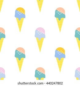 Scandinavian Ice cream seamless pattern in retro style 80s - 90s. Stylish geometric texture. Trend design. Vector illustration. Popsicle. Blue, yellow, pink, white colors 