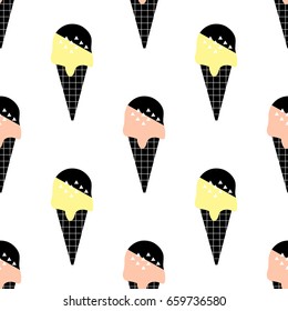 Scandinavian Ice cream seamless pattern in retro style 80s - 90s. Stylish geometric texture. Trend design. Vector illustration. Popsicle. 