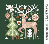 Scandinavian illustration with cute deer, Christmas tree and snowflakes. Hand drawn Nordic forest illustration. Perfect for tee shirt logo, greeting card, poster or print design.