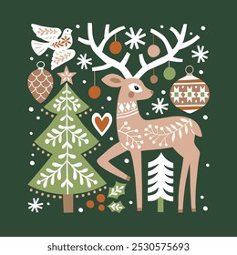 Scandinavian illustration with cute deer, Christmas tree and snowflakes. Hand drawn Nordic forest illustration. Perfect for tee shirt logo, greeting card, poster or print design.