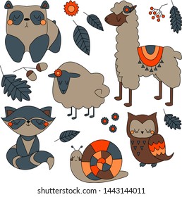 Scandinavian illustration, leaves, rowan, flowers, panda, raccoon, owl, sheep, llama in the Scandinavian style, animals in blue and orange color