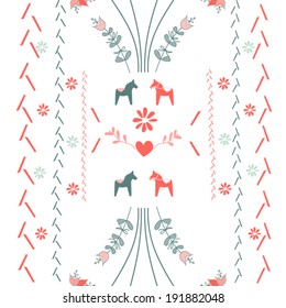 scandinavian illustration on white background with traditional elements.horse flowers fish leaves. scandinavian towels, scandinavian fabric, scandinavian design.
