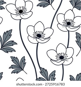 Inspirado escandinavo Anemone padrão sem costura com cores mínimas e linhas limpas no conceito branco como cor mínima Flores anemônicas escandinavas com linhas limpas criando padrão simples sem costura ideal para decoração moderna em casa no Photo Stock Concept e espaço vazio no lado esquerdo, sem texto —ar 7:2 —tile