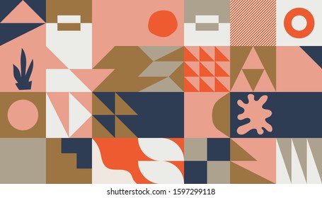 Scandinavian inspired artwork pattern made with simple geometrical forms and hand-drawn shapes. Abstract vector composition, useful for backgrounds, poster design, fabric prints, invitation letters.