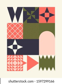 Scandinavian inspired artwork pattern made with simple geometrical forms and hand-drawn shapes. Abstract vector composition, useful for backgrounds, poster design, fabric prints, invitation letters.