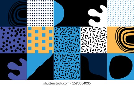 Scandinavian inspired artwork pattern made with simple geometrical forms and hand-drawn shapes. Abstract vector composition, useful for backgrounds, poster design, fabric prints, invitation letters.