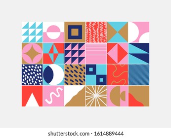 Scandinavian inspired artwork pattern made with simple geometrical forms and hand-drawn shapes. Abstract vector composition, useful for backgrounds, poster design, fabric prints, invitation letters.