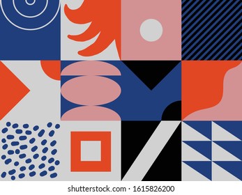 Scandinavian inspired artwork pattern made with simple geometrical forms and hand-drawn shapes. Abstract vector composition, useful for backgrounds, poster design, fabric prints, invitation letters.