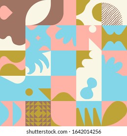 Scandinavian inspired artwork pattern made with simple geometrical forms and hand-drawn shapes. Abstract vector composition, useful for backgrounds, poster design, fabric prints, invitation letters.