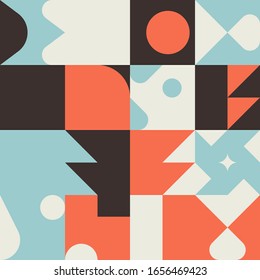 Scandinavian inspired artwork pattern made with simple geometrical forms and shapes. Abstract vector composition, useful for backgrounds, poster design, fabric prints, invitation letters.