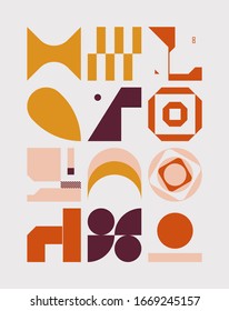 Scandinavian inspired artwork pattern made with simple geometrical forms and cutout colorful shapes. Abstract vector composition, useful for backgrounds, poster design, fabric prints, invitation.