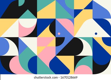 Scandinavian inspired artwork pattern made with simple geometrical forms and cutout colorful shapes. Abstract vector composition, useful for backgrounds, poster design, fabric prints, invitation.