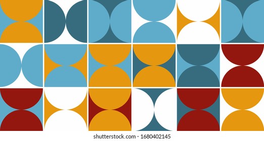 Scandinavian inspired artwork pattern made with simple geometrical forms and cutout colorful shapes. Abstract vector composition, useful for backgrounds, poster design, fabric prints, invitation.