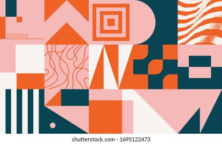Scandinavian inspired artwork pattern made with simple geometrical forms and cutout colorful shapes. Abstract vector composition, useful for backgrounds, poster design, fabric prints, invitation.