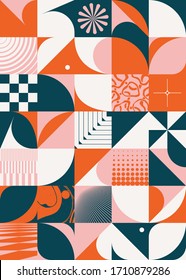 Scandinavian inspired artwork pattern made with simple geometrical forms and cutout colorful shapes. Abstract vector composition, useful for backgrounds, poster design, fabric prints, invitation.