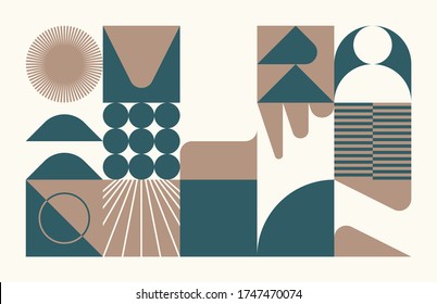 Scandinavian inspired artwork pattern made with simple geometrical forms and cutout colorful shapes. Abstract vector composition, useful for backgrounds, poster design, fabric prints, invitation.