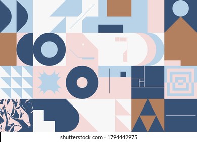 Scandinavian inspired artwork pattern made with simple geometrical forms and cutout colorful shapes. Abstract vector composition, useful for backgrounds, poster design, fabric prints, invitation.