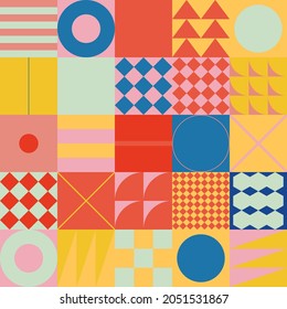 Scandinavian inspired artwork pattern made with simple geometrical forms and cutout colorful shapes. Abstract vector composition, useful for backgrounds, poster design, fabric prints, invitation.