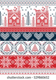 Scandinavian,  inspired by Norwegian Christmas and festive winter seamless pattern in cross stitch with gingerbread house, Christmas tree, heart, reindeer, sleigh, presents in red , blue