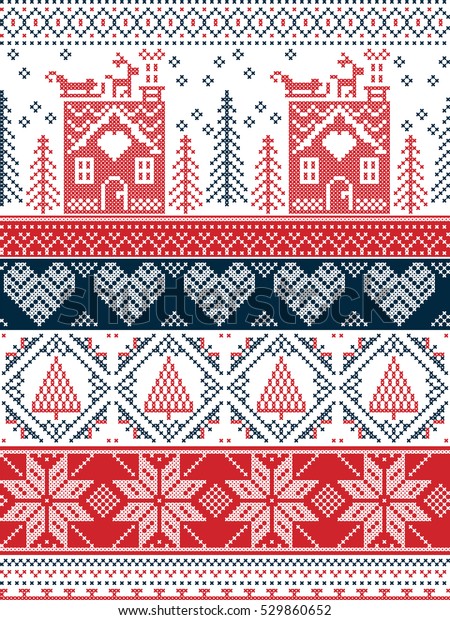 スカンジナビア人 ジンジャーブレッドハウス クリスマスツリー ハート トナカイ そり 赤 青のプレゼントを使って ノルウェーのクリスマスとお祭り気分の冬のシームレスな模様をクロスステッチしたもの のベクター画像素材 ロイヤリティフリー
