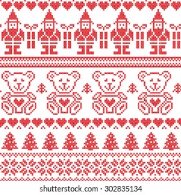 Scandinavian inspired Nordic xmas seamless pattern with elf, stars, teddy bears, snow, xmas  trees, snowflakes, stars, snow, decorative ornaments  in red cross stitch
