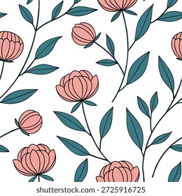 Peônia inspirada escandinava padrão sem costura com cores mínimas e linhas limpas no conceito branco como cor mínima Peônias escandinavas com linhas limpas criando um padrão simples sem costura ideal para decoração moderna da casa no Photo Stock Concept e espaço vazio no lado esquerdo, sem texto —ar 7:2 —tile