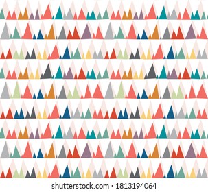 Scandinavian inspired repeating geometric pattern of trendy triangles reminiscent of mountains. Cheerful, modern colors.