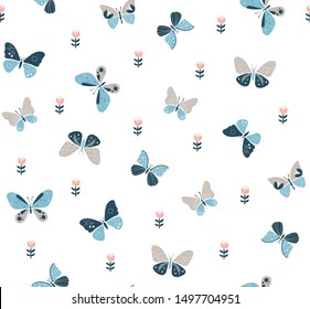 Scandinavian inspired seamless pattern of butterflies and flowers