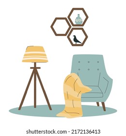 Scandinavian interior. Armchair with blanket and lamp. Cozy living room flat vector illustration. Trendy scandinavian hygge interior.